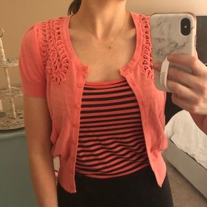 💕🌟 Coral Cropped Cardigan with Striped Cami